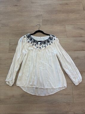 dylan Cream Peasant Blouse with Black Embroidery